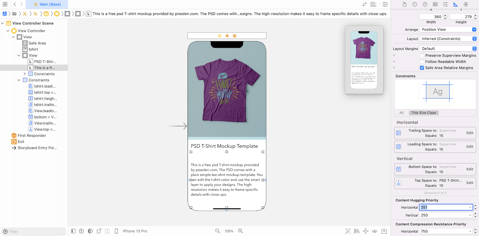 Figure 1.19. Review the layout constraints of the description label in the Size Inspector