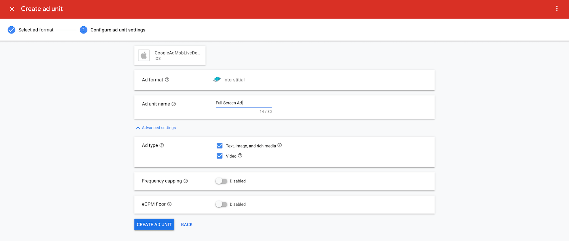 Figure 15.9. Adding a new Interstitial ad unit
