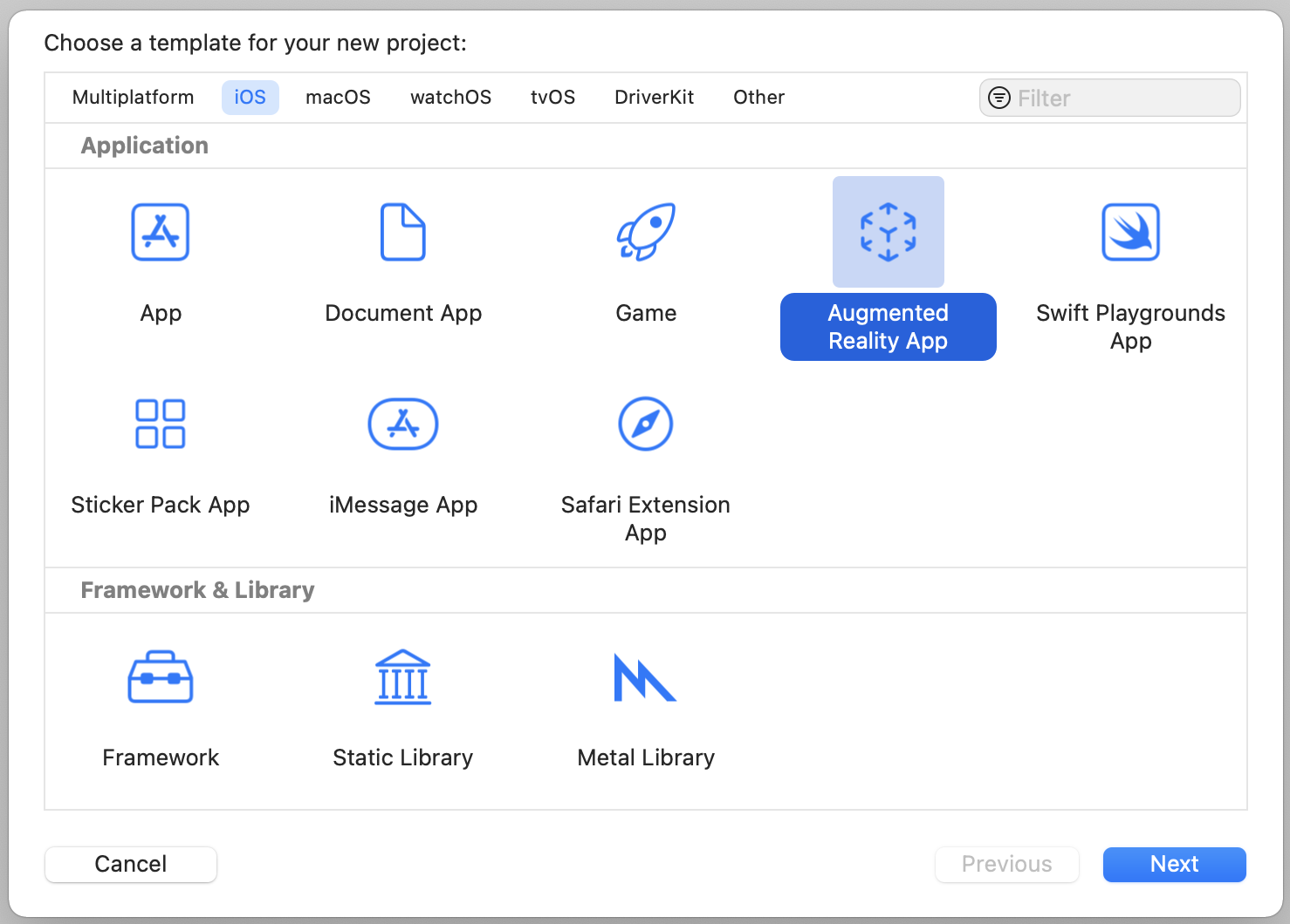 Figure 45.1. Choosing the Augmented Reality template