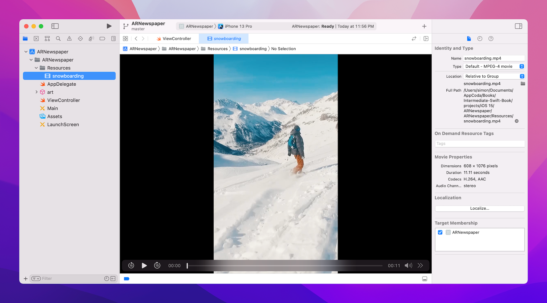 Figure 45.3. Importing the video file (snowboarding.mp4)