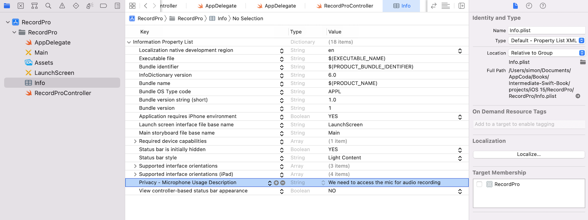 Figure 10.2. Create a new key in Info.plist to explain why you need to use the microphone