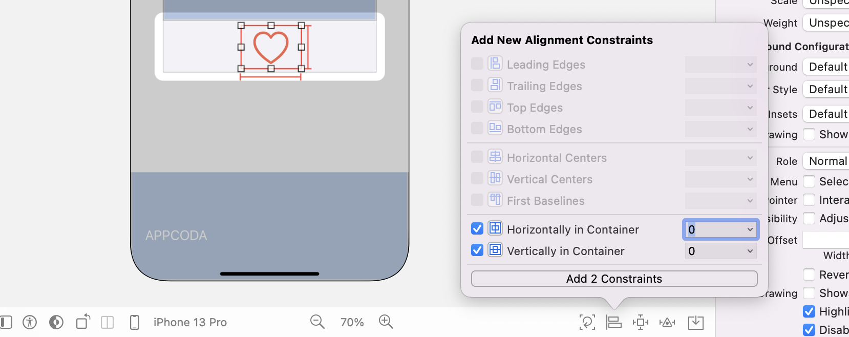 Figure 29.16. Adding alignment constraints for the heart button
