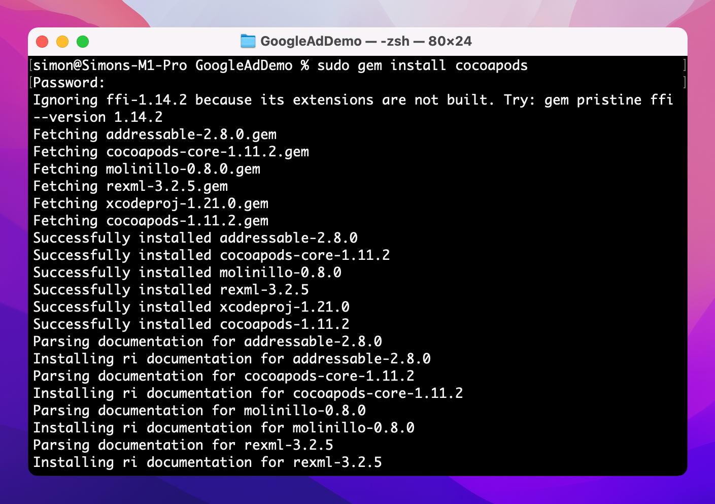 Figure 33.1. Installing CocoaPods