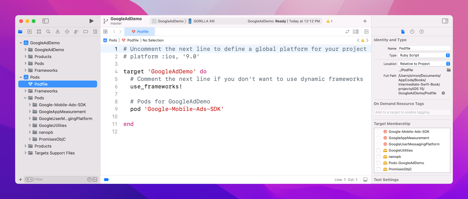 Figure 33.3. GoogleAdDemo.xcworkspace bundles both GoogleAdDemo and Pod projects