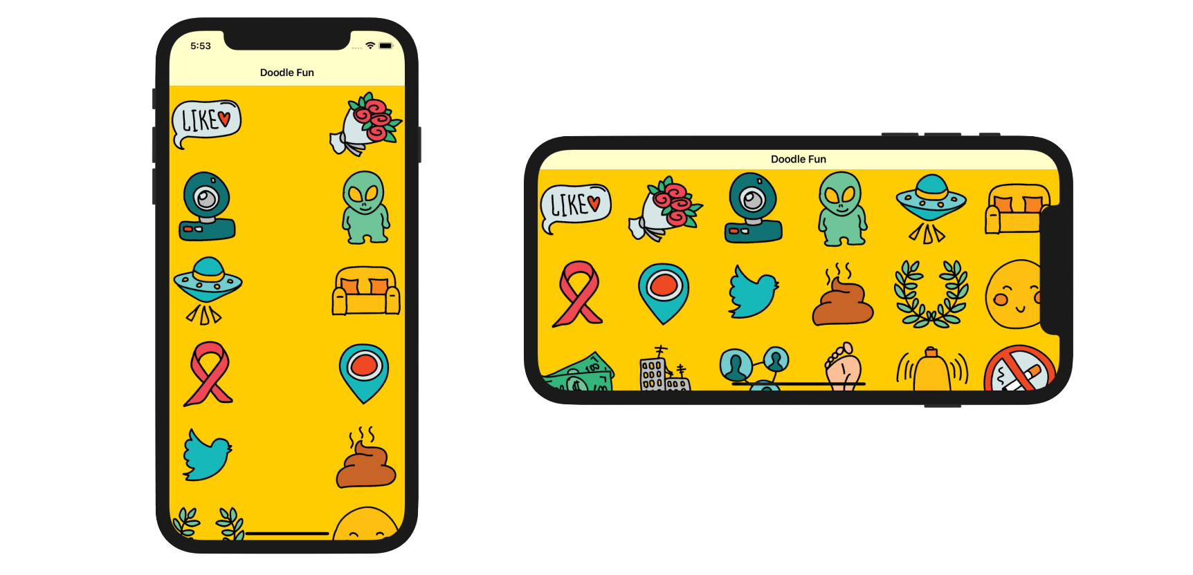 Figure 20.7. Doodle Fun app running on devices with different screen sizes
