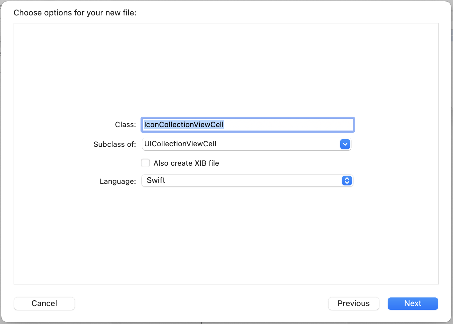 Figure 18.9. Creating a new class named IconCollectionViewCell