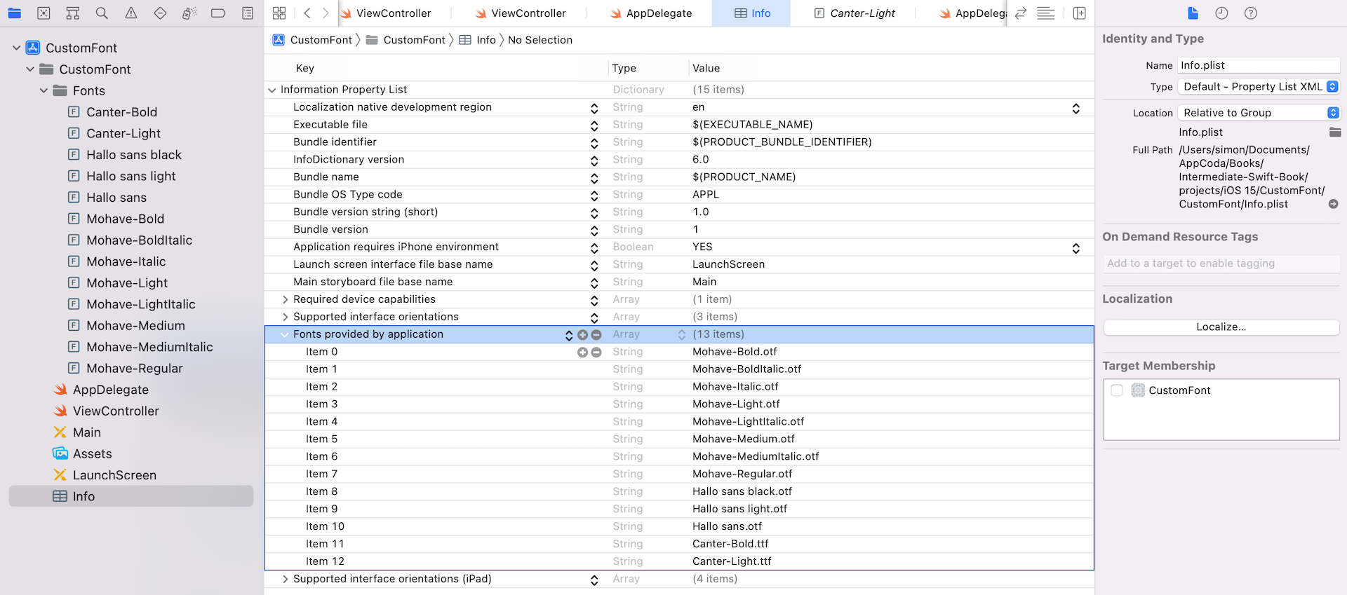 Figure 16.4. Configuring the font files in Info.plist