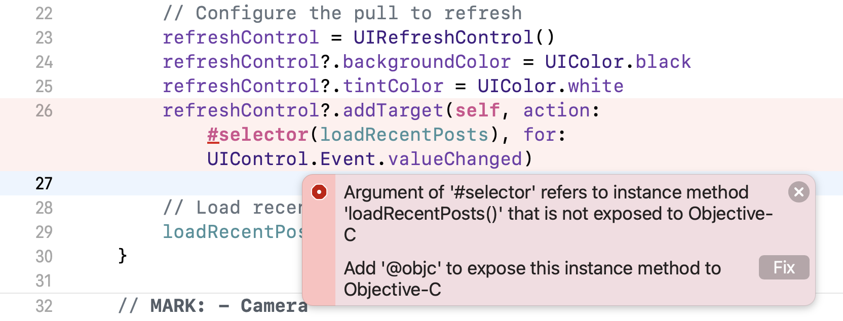 Figure 39.22. Xcode indicates there is an error for the selector