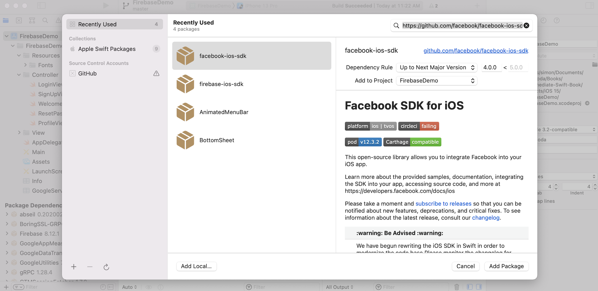 Figure 38.10. Installing the Facebook SDK using Swift Package Manager