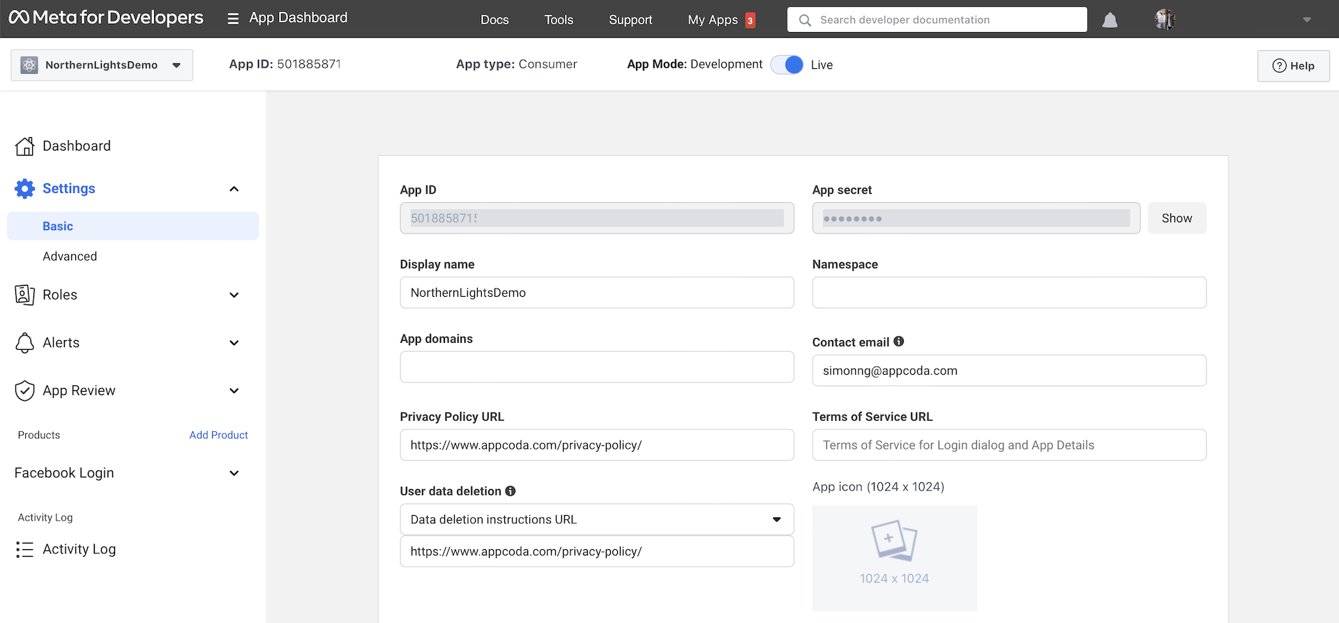 Figure 38.15. Changing the Facebook app to production