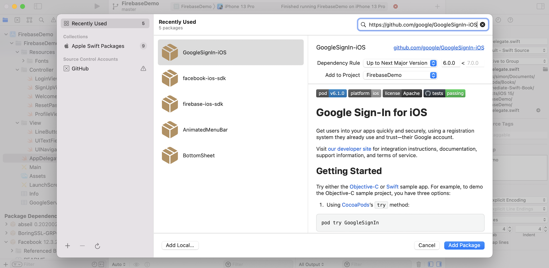 Figure 38.17. Installing the GoogleSignIn SDK