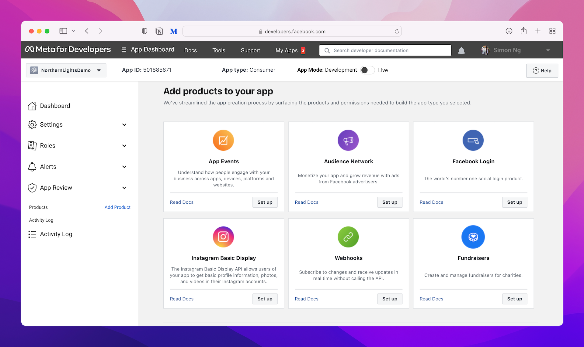 Figure 38.5. Dashboard for your Facebook app