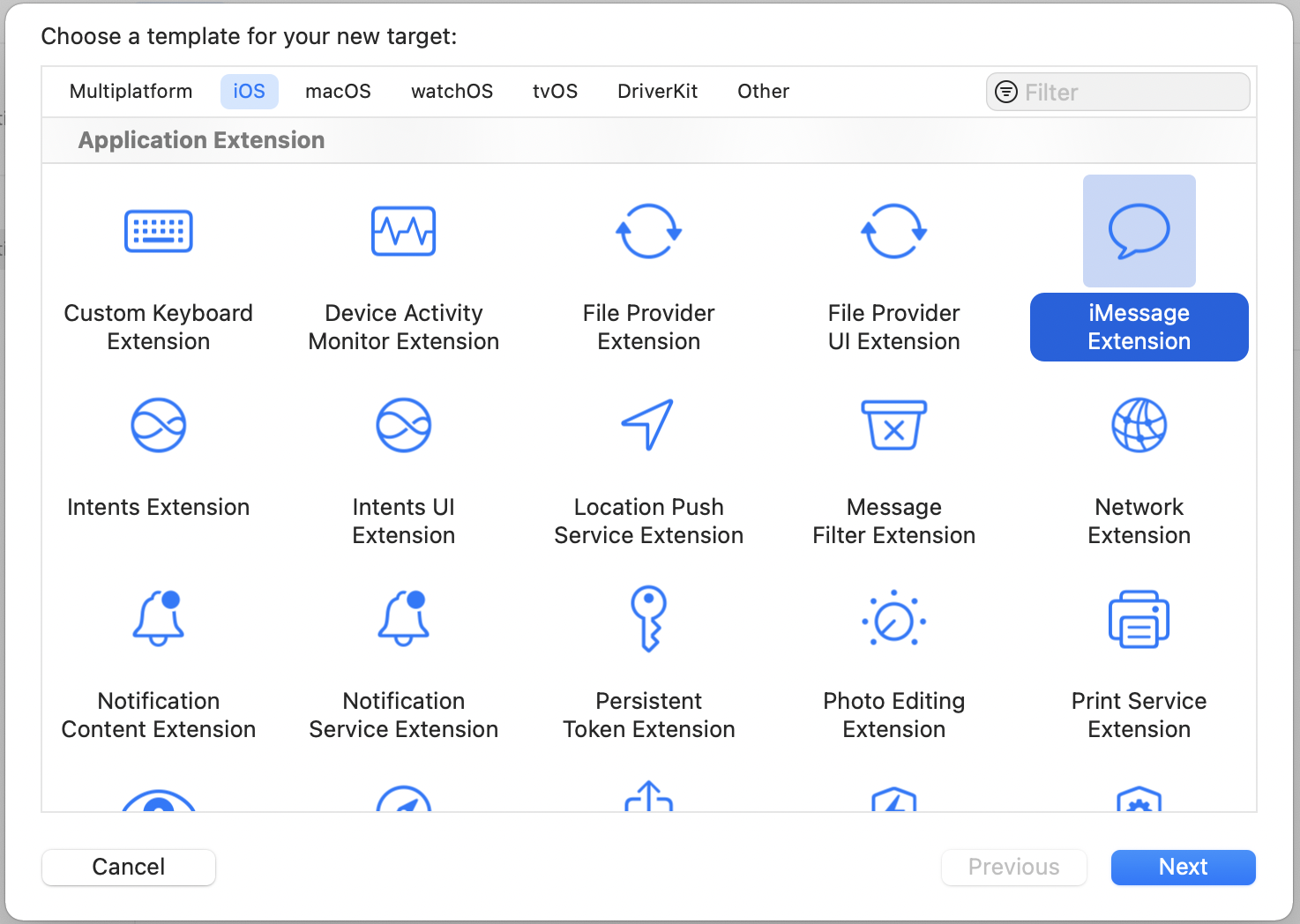 Figure 35.6. Choose iMessage Application to create a message extension
