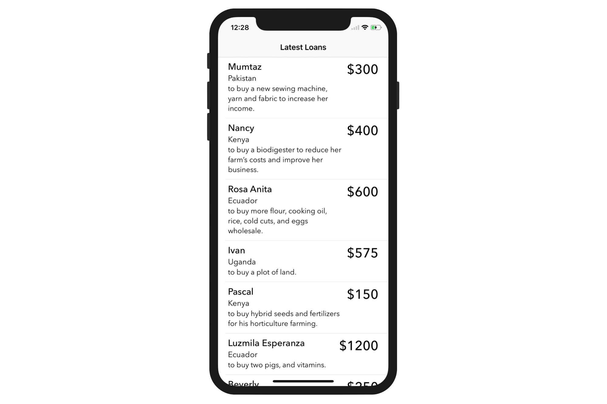 Figure 4.2. The demo app retrieves and displays the latest loan from kiva.org