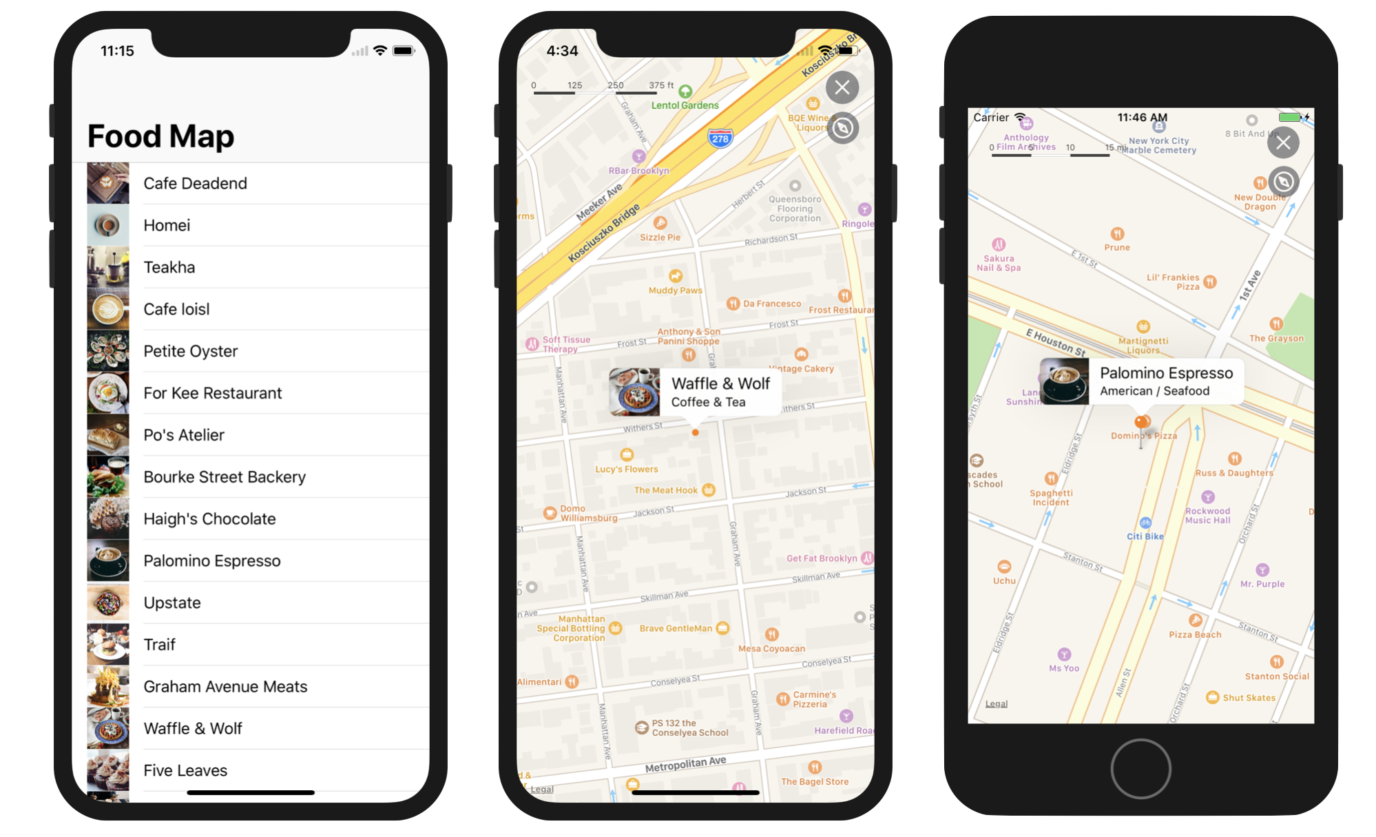 Figure 8.1. The Food Map app running on iOS 10 and 11