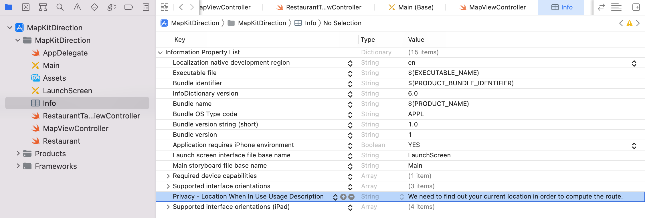 Figure 8.4. Adding a required key to get the user's approval for accessing the user's location