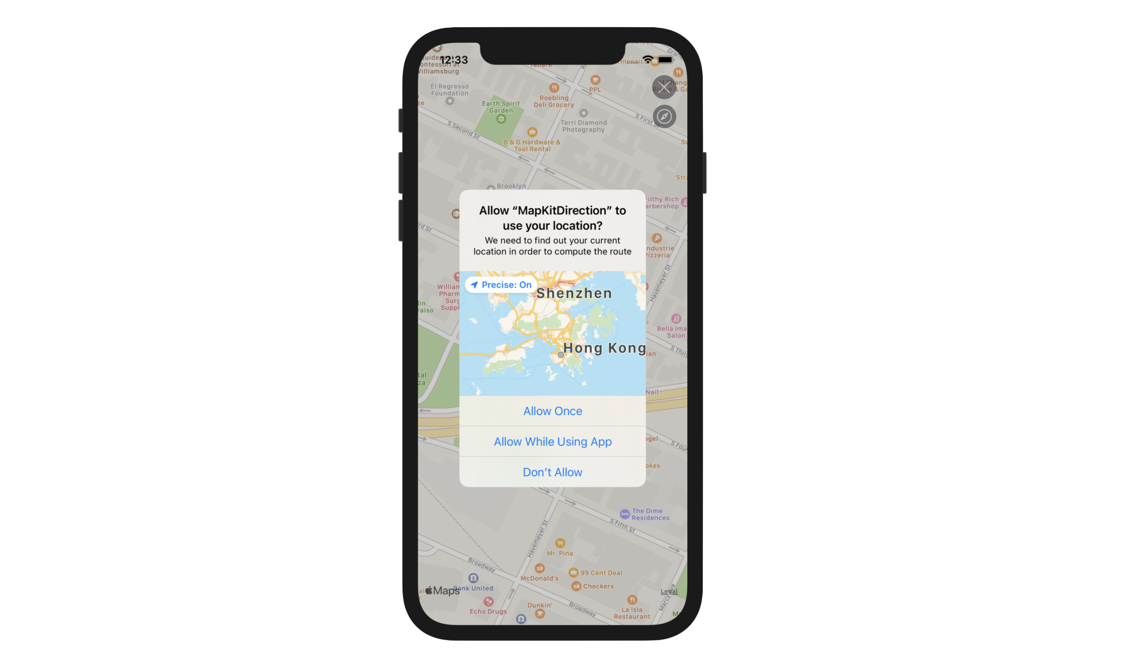 Figure 8.5. When the app launches, you'll be prompted to authorize location services
