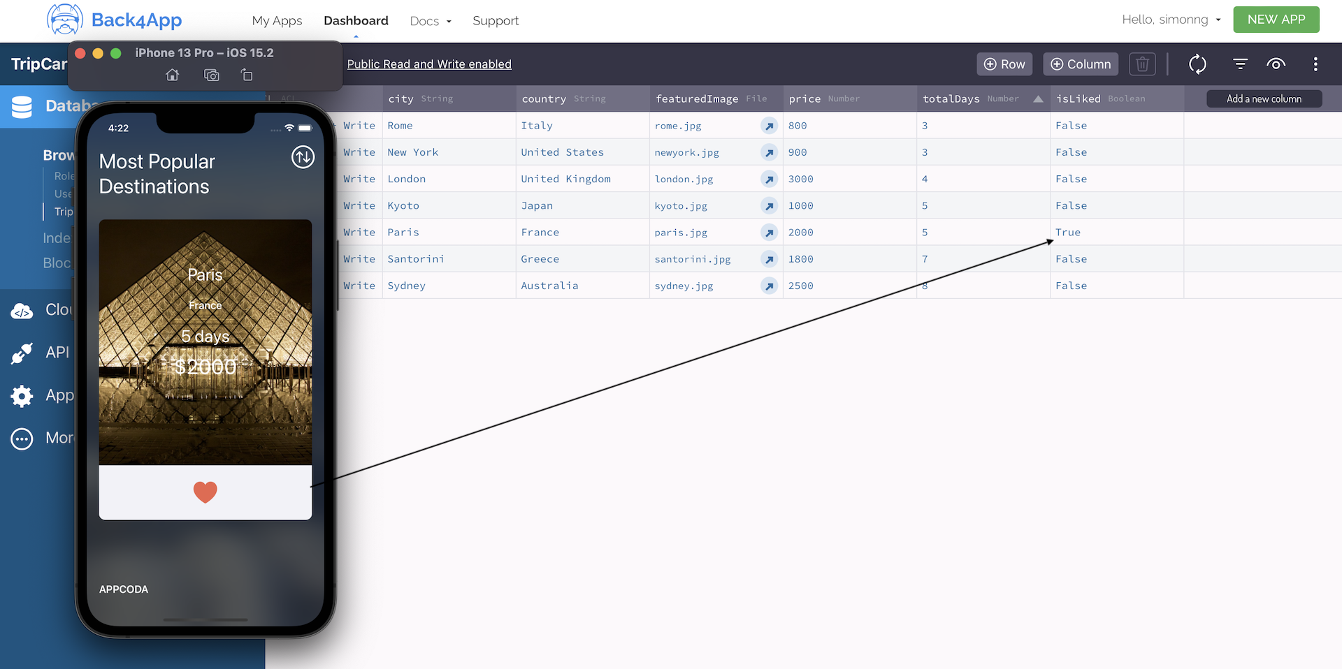 Figure 30.16. Tapping the heart button of the Paris card will update the isLiked property of the corresponding record on the Parse cloud