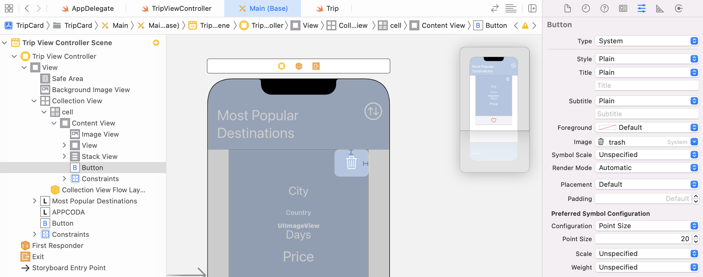 Figure 30.17. Adding a trash button to the collection view cell