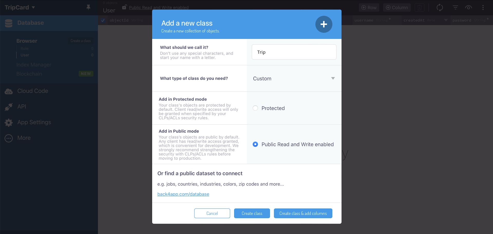 Figure 30.4. Creating a new class in the Parse app