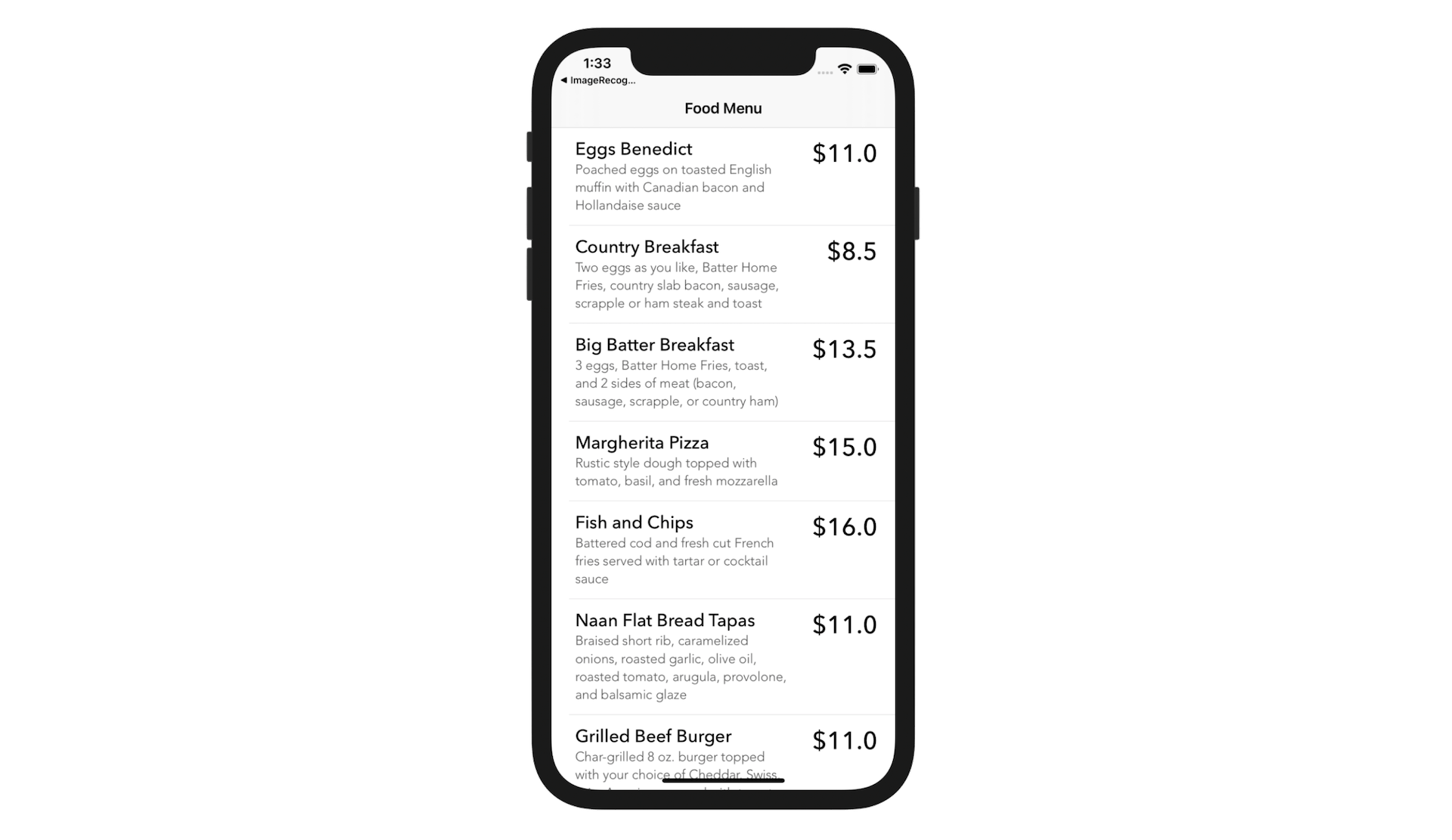 Figure 31.1. Demo app with food menu items