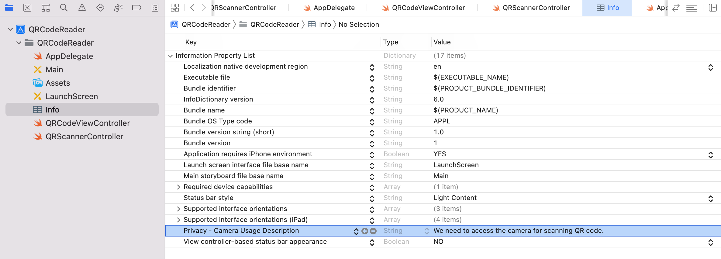 Figure 11.3. Editing Info.plist to add a new key