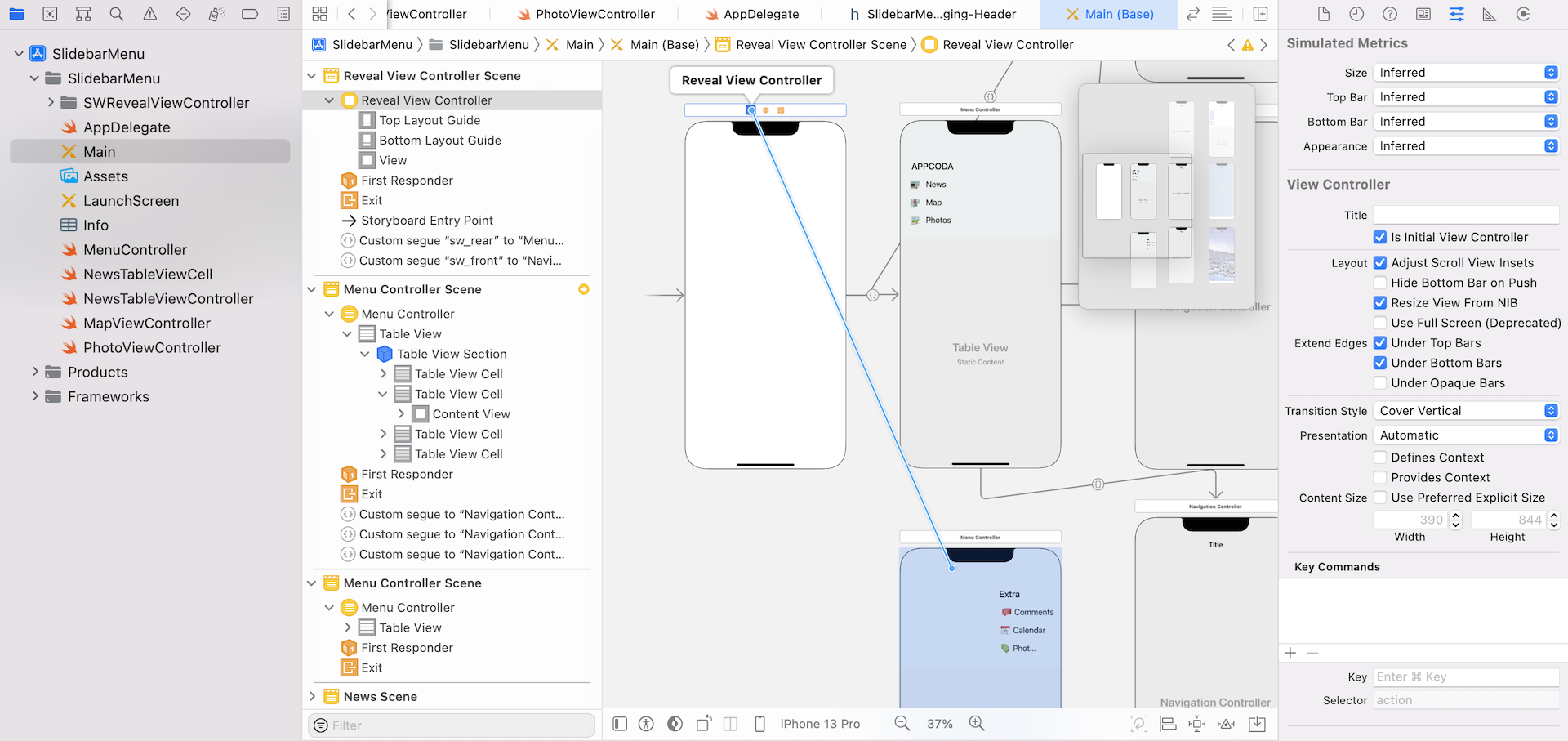 Figure 22.11. Associate the Reveal View Controller with the extra menu controller