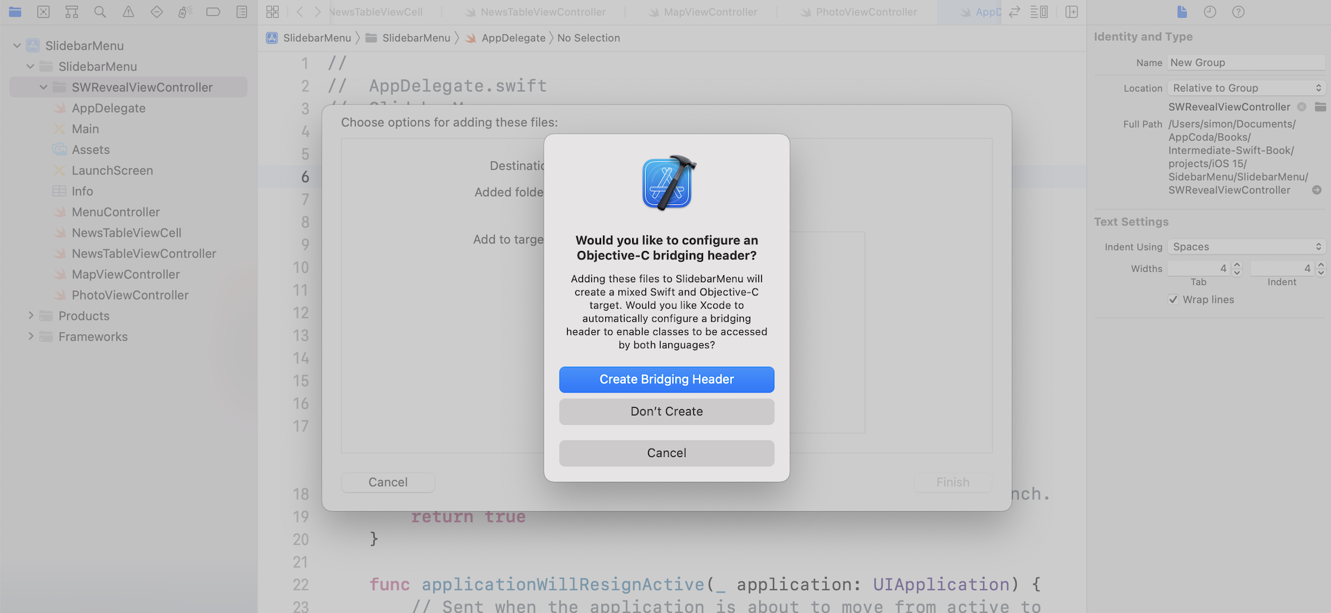 Figure 22.3. Adding the SWRevealViewController files to the project