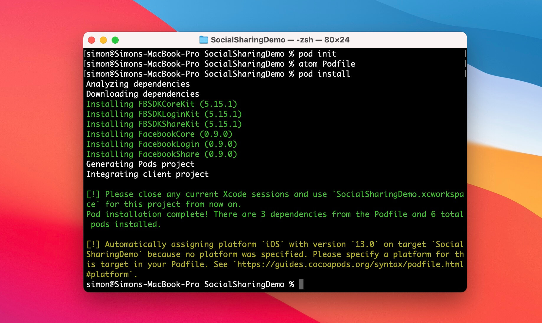 Figure 5.2. Installing the Facebook SDK using CocoaPods