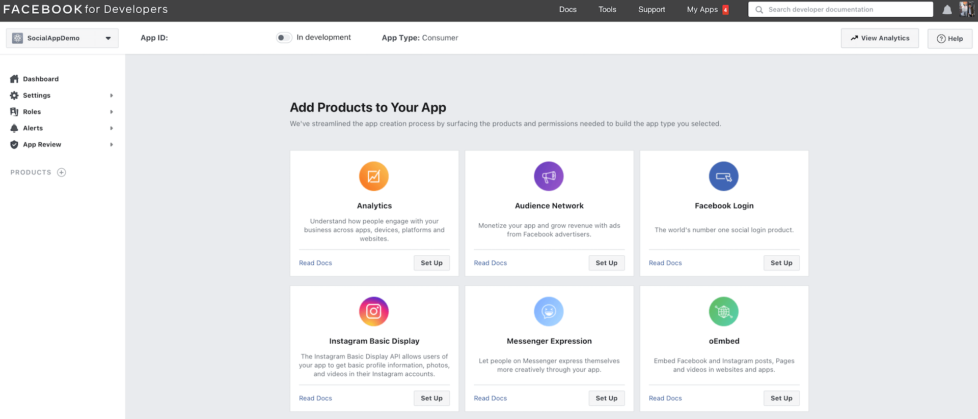 Figure 5.4. Dashboard of your Facebook app