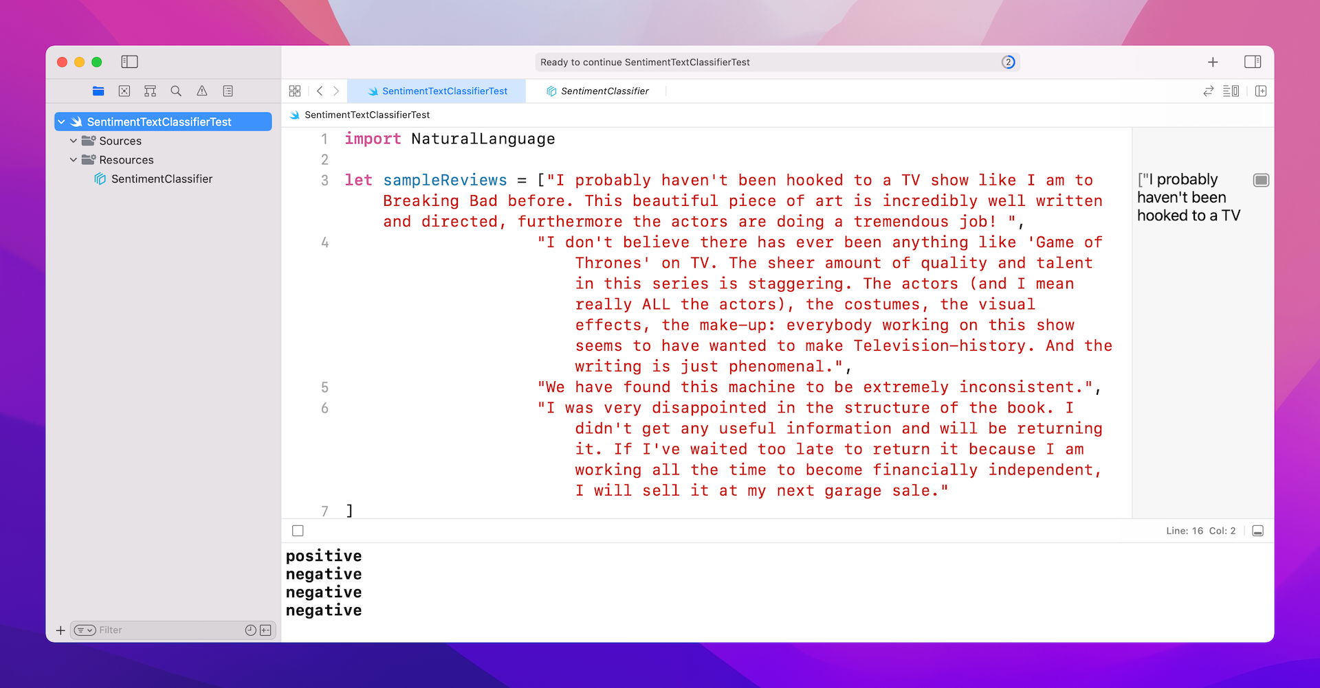 Figure 44.4. The sentiment result is displayed in the console