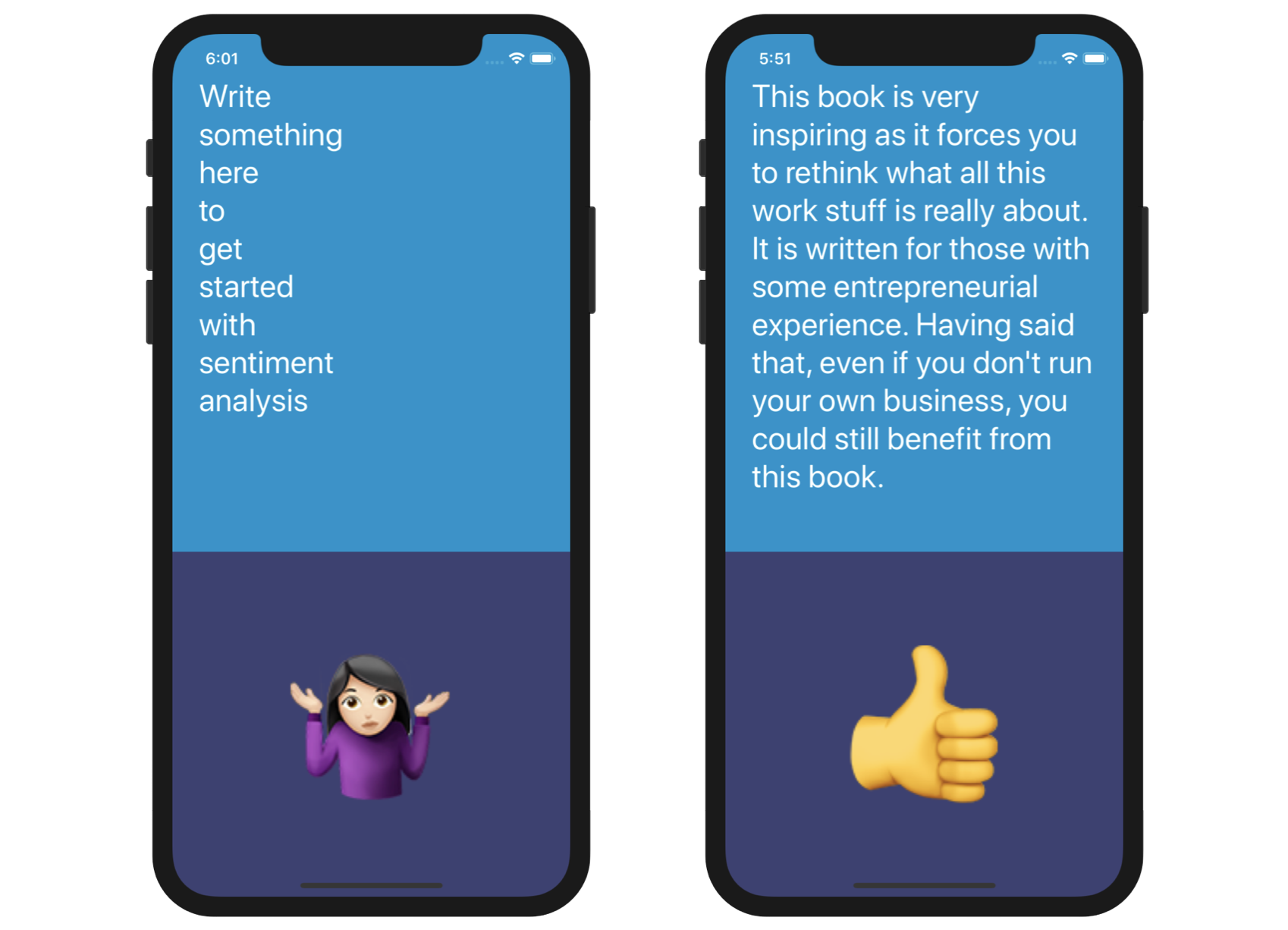 Figure 44.6. Sample screens of the Sentiment Analysis app