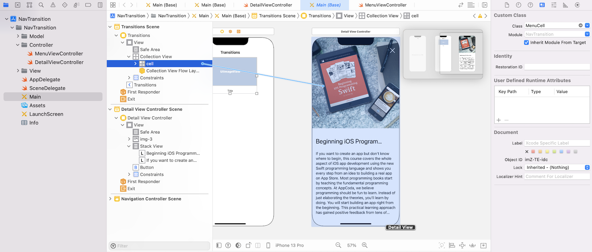 Figure 23.2. Connecting the collection view cell with the detail view controller