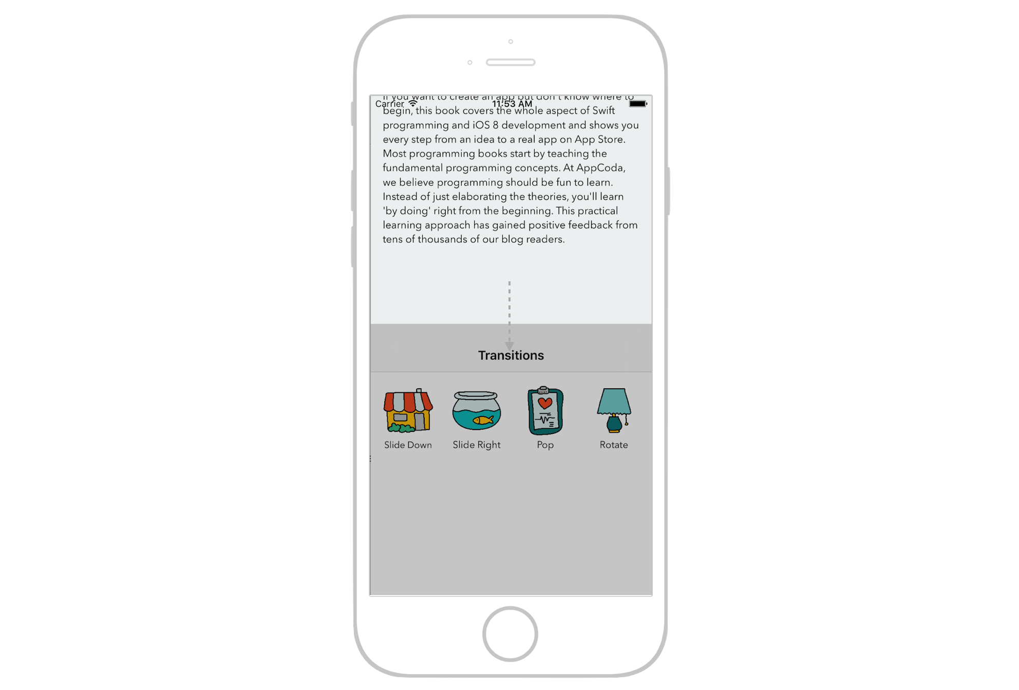 Figure 23.4. Tapping the slide down icon will transit to the detail view with a slide-down animation