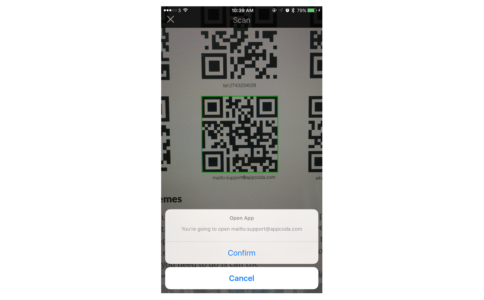 Figure 12.2. The app displays an action sheet once the QR code is decoded.