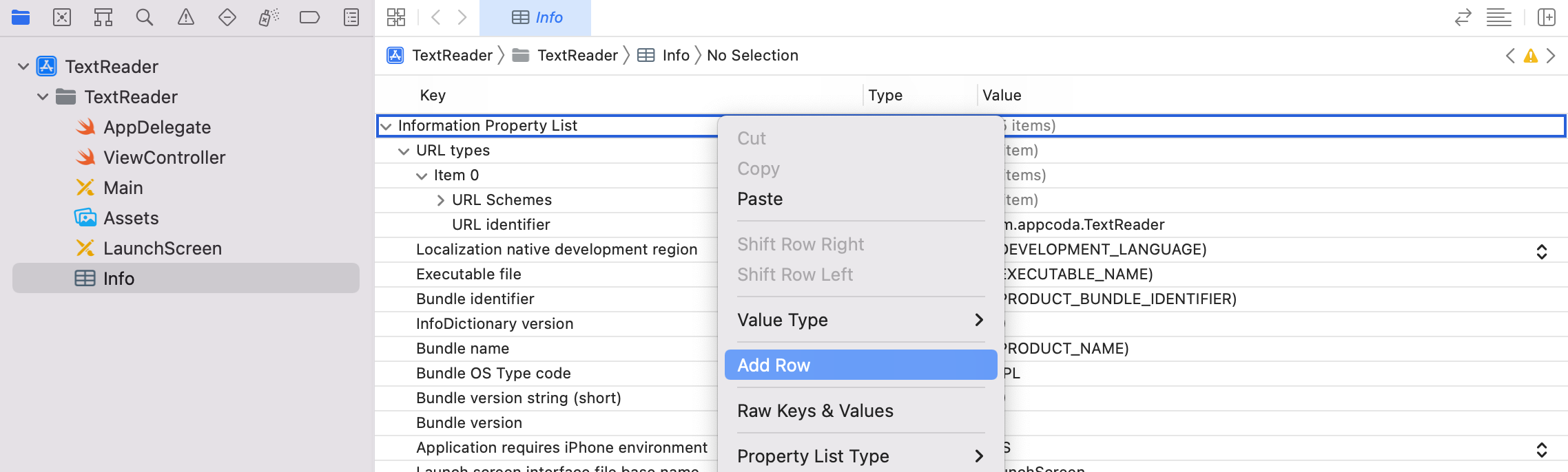 Figure 12.3. Add new row in Info.plist