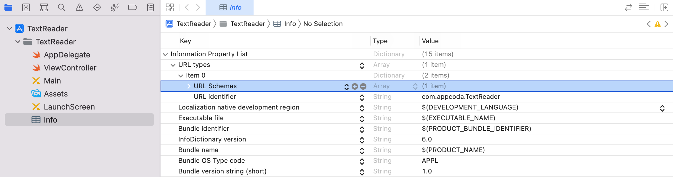 Figure 12.4. Adding a URL Schemes key