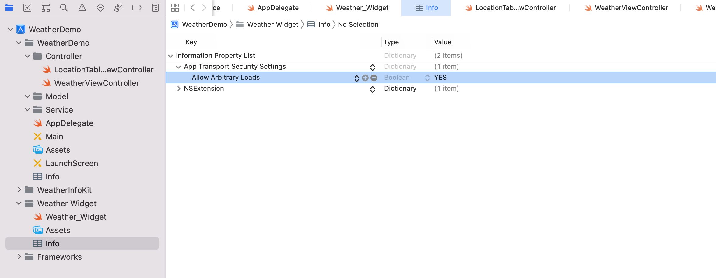 Figure 21.15. Disable ATS by setting Allow Arbitrary Loads to YES