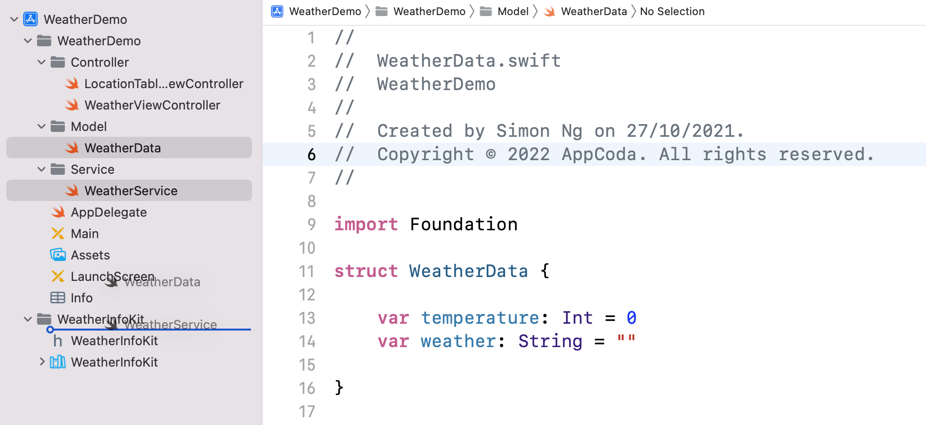 Figure 21.6. Move WeatherService.swift and WeatherData.swift to WeatherInfoKit