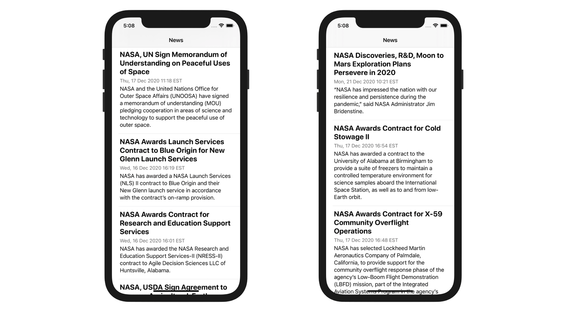 Figure 26.2. The Simple RSS Reader app now reads and parses the Apple's news feed